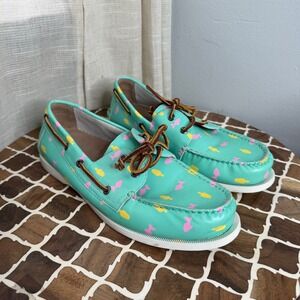 Froats Bermuda Breeze Boat Shoes Fish Print Aqua Teal Leather Men's Size 10.5